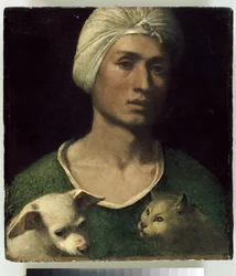 Retrato de un joven con un perro y un gato